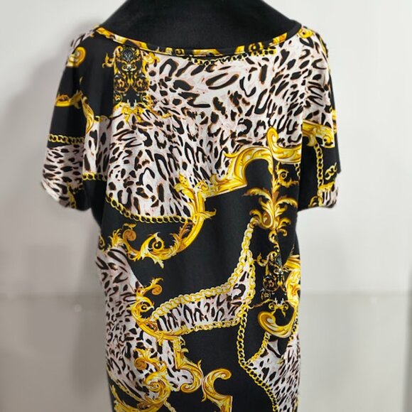 Free Kisses Women's 1 X Stretch Short Sleeve Black and Gold Blouse - Picture 3 of 6